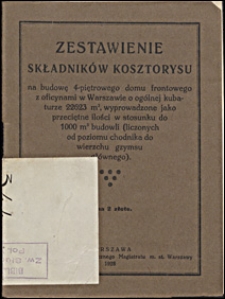 Zestawienie składników kosztorysu na budowę 4-piętrowego domu frontowego z oficynami w Warszawie o ogólnej kubaturze 22623 m3, wyprowadzone jako przeciętne ilości w stosunku do 1000 m3 budowli (liczonych od poziomu chodnika do wierzchu gzymsu głównego).