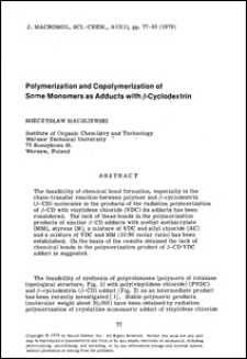 Polymerization and Copolymerization ofSome Monomers as Adducts with /J-Cyclodextrin