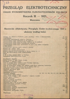 Przegląd Elektrotechniczny 1921 Skorowidz alfabetyczny