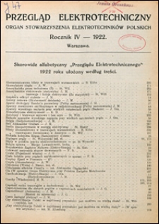 Przegląd Elektrotechniczny 1922 Skorowidz alfabetyczny